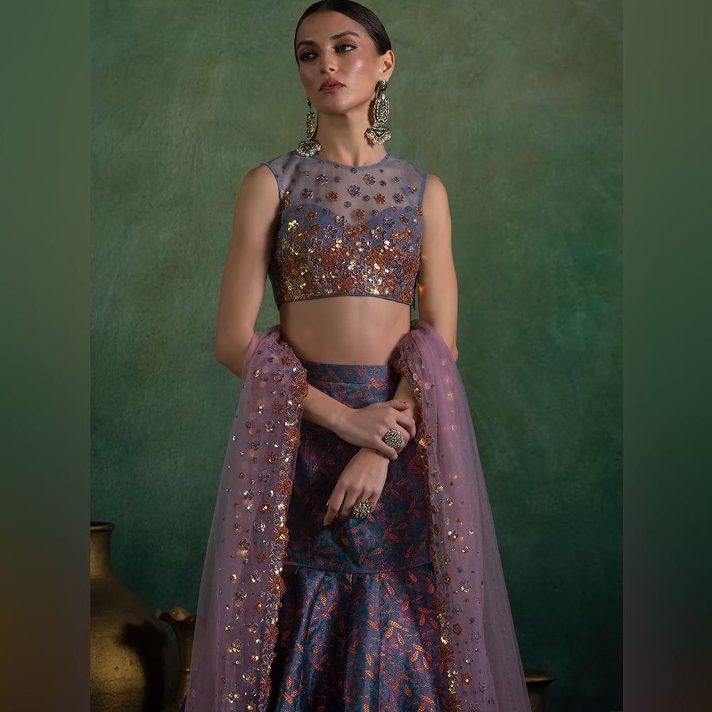 Embellished Purple and Gold Lehenga - Picture 2 of 6